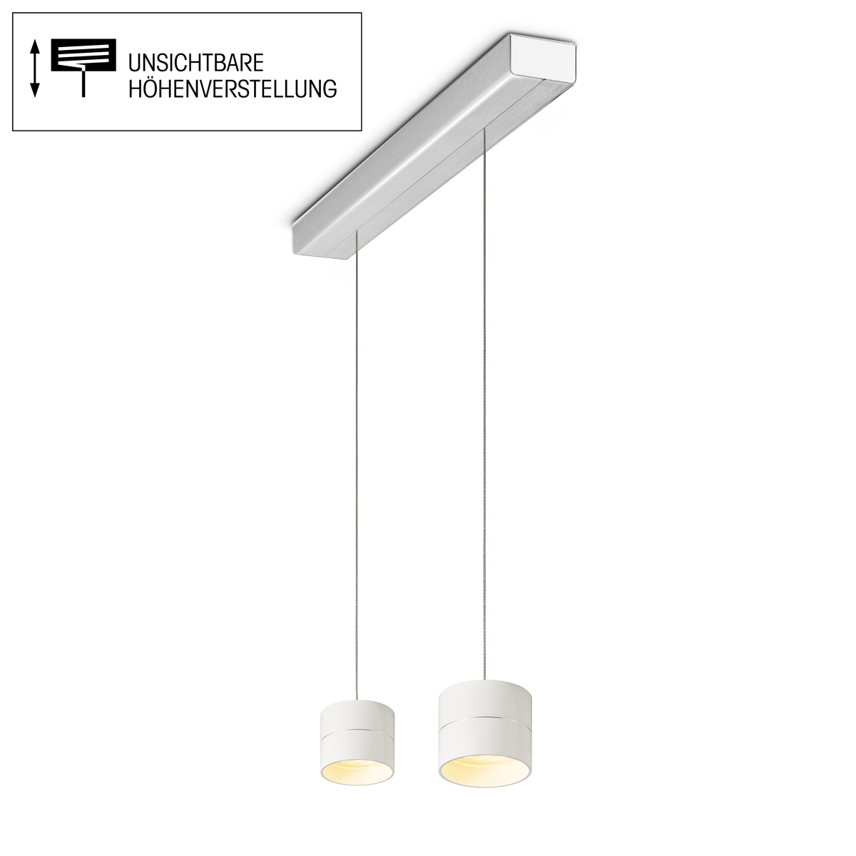 Tudor S LED Pendelleuchte, 2-flg., TW, unsichtbare Höhenverstellung, Baldachin: Alu gebürstet