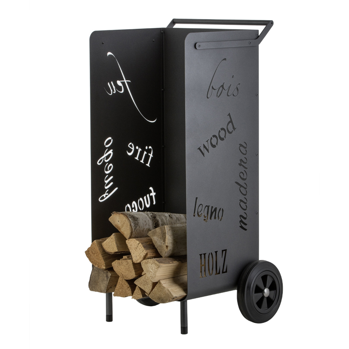 Fahrbarer Holzwagen mit Schriftdesign