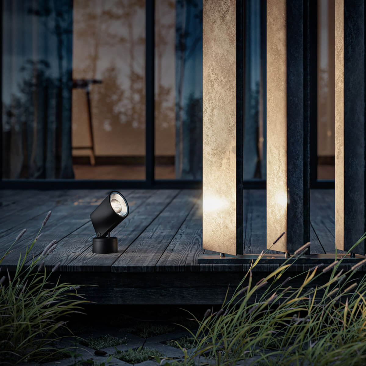 IP44.de Stic LED Außenwand- / Decken- / Bodenleuchte, deep black (schwarz), die Abbildung zeigt die Leuchte auf dem Boden montiert