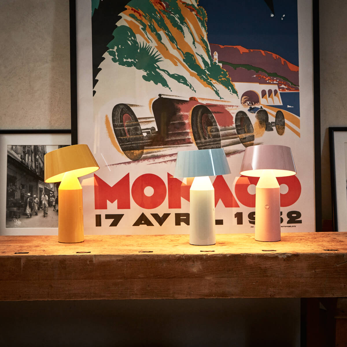 Marset Bicoca LED Akkuleuchte, gelb, hellblau und blassrosa