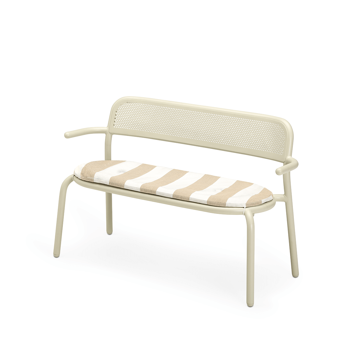 Fatboy Toní Bankski Sitzkissen, Stripe Sandy beige (weiß-beige), mit der Toní Bankski Gartenbank, Desert (sandfarben)
